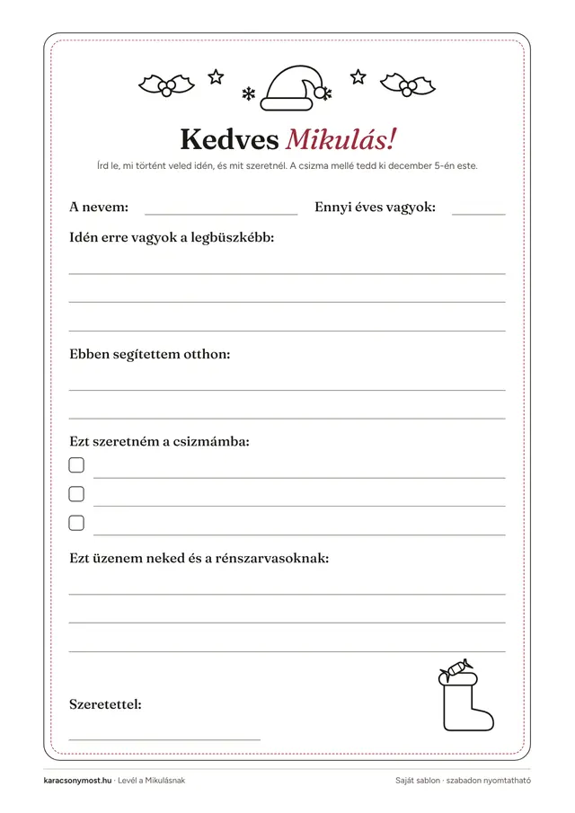 Kitölthető levél a Mikulásnak: név, életkor, mire büszke, kívánságlista jelölőnégyzetekkel, üzenet.