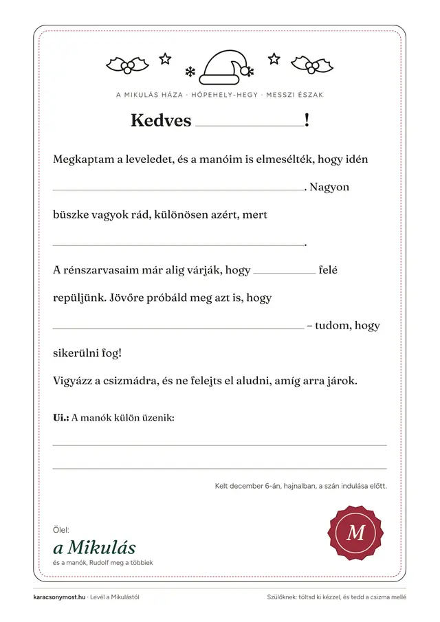 Levél a Mikulástól kipontozott helyekkel a gyerek nevének és idei sikereinek, piros pecséttel.